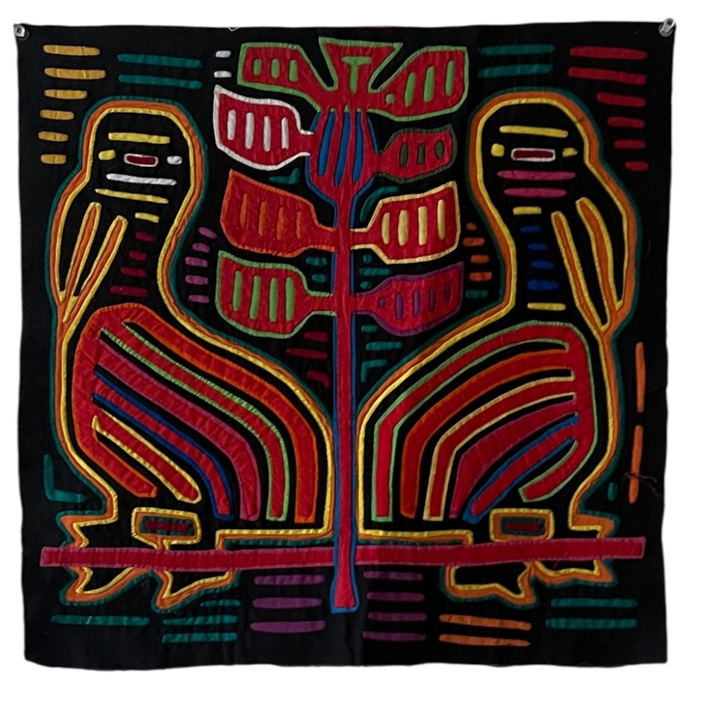 Vintage Hand Stitched Panama Mola Maze Reverse Appliqué Colorful Birds